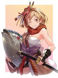 Rule 34 | 1girl, ;d, animal, armpits, bandages, bare shoulders, blonde hair, bow, breasts, brown eyes, commentary request, cropped legs, djeeta (granblue fantasy), fish, floral print, flower, gradient background, granblue fantasy, grin, hair flower, hair ornament, hinami (hinatamizu), holding, holding animal, holding sword, holding weapon, japanese clothes, katana, kengo (granblue fantasy), kimono, large bow, looking at viewer, medium breasts, one eye closed, open clothes, open kimono, open mouth, pink background, pink kimono, print scarf, purple bow, red flower, red scarf, rope, sarashi, scarf, sheath, sheathed, short hair, single hair intake, smile, solo, sword, teeth, tuna, vambraces, weapon