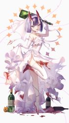 Rule 34 | 1girl, blood, blood on clothes, bob cut, bottle, bridal veil, dress, elbow gloves, eyeliner, fate/grand order, fate (series), gloves, holding, holding bottle, horns, makeup, oni, purple eyes, purple hair, short hair, shuten douji (fate), single elbow glove, single thighhigh, skin-covered horns, solo, standing, standing on one leg, thighhighs, tobi (pixiv41237754), veil, wedding dress, white dress, white gloves, white thighhighs