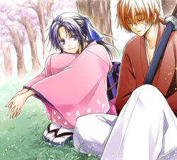 Rule 34 | 1boy, 1girl, blue eyes, blue hair, blue ribbon, cherry blossoms, cherry tree, closed eyes, closed mouth, collarbone, commentary request, cross scar, day, facial scar, grass, hair ribbon, hakama, hakama pants, high ponytail, himura kenshin, interlocked fingers, japanese clothes, kamiya kaoru, katana, kimono, kimu (risatoko), knee up, knees up, long hair, looking at another, low ponytail, obi, outdoors, outstretched arms, over shoulder, own hands together, pants, parted lips, petal print, pink kimono, print kimono, red hair, red kimono, ribbon, rurouni kenshin, sandals, sash, scar, scar on cheek, scar on face, sitting, sleeping, smile, socks, sword, tabi, weapon, white hakama, white socks, wide sleeves, zouri