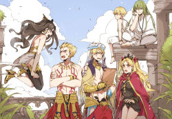 Rule 34 | 2girls, 4boys, 88 (einnimnech), anger vein, angry, black hair, black legwear, black ribbon, blonde hair, blue sky, cape, child gilgamesh (fate), cloud, column, crossed arms, day, earrings, enkidu (fate), ereshkigal (fate), fate/grand order, fate (series), floating, gilgamesh (fate), gilgamesh (caster) (fate), green hair, hair ribbon, hoop earrings, ishtar (fate), ishtar (fate), jewelry, long hair, multiple boys, multiple girls, open mouth, pillar, red cape, red eyes, red ribbon, ribbon, shouting, single thighhigh, sky, stone tablet, sweatdrop, thighhighs, tiara, two side up