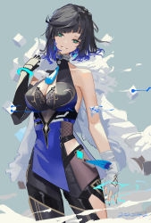 Rule 34 | 1girl, absurdres, asymmetrical gloves, bare shoulders, blue nails, bob cut, breasts, diagonal bangs, dice, feather-trimmed jacket, feather collar, fingerless gloves, fur-trimmed jacket, fur trim, genshin impact, gloves, highres, jacket, jacket on shoulders, large breasts, lwj, mismatched gloves, mole, mole on breast, nail polish, standing, tassel, tassel choker, waist cutout, white gloves, white jacket, yelan (genshin impact)