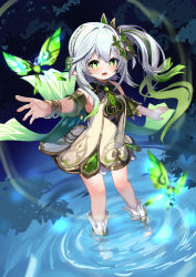 Rule 34 | 1girl, blush, bracelet, cape, cross-shaped pupils, crystalfly (genshin impact), detached sleeves, dress, genshin impact, gold trim, gradient hair, green cape, green eyes, green hair, green sleeves, hair ornament, highres, jewelry, leaf hair ornament, long hair, looking at viewer, multicolored hair, nahida (genshin impact), open mouth, outstretched arm, pointy ears, side ponytail, sidelocks, sleeveless, sleeveless dress, solo, symbol-shaped pupils, toeless footwear, wading, water, white dress, white footwear, white hair, yoshizawa tsubaki