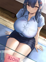 Rule 34 | 1girl, blue hair, blush, breasts, bursting breasts, collarbone, commentary request, eyelashes, glass table, hair ornament, hairclip, highres, huge breasts, looking at viewer, medium hair, notebook, oekakizuki, on floor, original, pen, pink eyes, shirt, solo, table, thick thighs, thighs