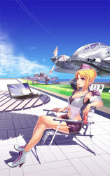 Rule 34 | 1girl, aircraft, airplane, belt, blonde hair, blue eyes, blush, boots, breasts, can, cecilia (pangya), chair, cloud, collarbone, computer, contrail, cross-laced footwear, crossed legs, day, detached sleeves, fighter jet, from side, full body, garrison cap, golf course, hat, high heel boots, high heels, highres, holding, jet, kamdia, lace-up boots, laptop, large breasts, legs, long legs, midriff, military, military vehicle, miniskirt, outdoors, pangya, parted lips, pencil skirt, puffy short sleeves, puffy sleeves, see-through, short hair, short sleeves, silhouette, sitting, skirt, sky, solo, sports bra, table, thighs, wallpaper, white footwear