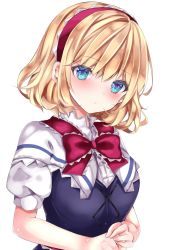 Rule 34 | 1girl, alice margatroid, blonde hair, blue eyes, bow, capelet, closed mouth, hairband, highres, lolita hairband, looking at viewer, nanase nao, own hands together, puffy short sleeves, puffy sleeves, red bow, red hairband, red neckwear, short hair, short sleeves, simple background, solo, touhou, upper body, white background, white capelet