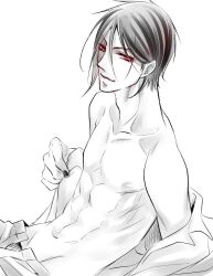 Rule 34 | 1boy, abs, bad link, black hair, black nails, kuroshitsuji, light smile, looking at viewer, male focus, nail polish, naoyang02, off shoulder, open fly, pants, red eyes, sebastian michaelis, simple background, sitting, smile, solo, topless male, undressing, white background