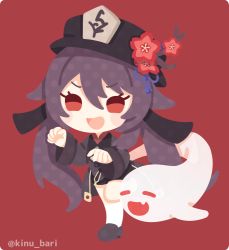 Rule 34 | 1girl, :d, bare legs, black dress, black footwear, black hat, blush, chibi, chibi only, commentary, dress, eyelashes, fang, flower, full body, genshin impact, ghost, ghost pose, hat, hat flower, hu tao (genshin impact), kinubari nerune, long hair, long sleeves, open mouth, plum blossoms, purple hair, red background, red eyes, red flower, rounded corners, shoes, simple background, skin fang, smile, solo, twitter username, wide sleeves, | |