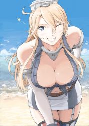 Rule 34 | 1girl, ahoge, bare shoulders, beach, blonde hair, blue eyes, breasts, cleavage, collar, day, elbow gloves, garter straps, gloves, grin, headgear, iowa (kancolle), kantai collection, large breasts, leaning forward, metal collar, one eye closed, outdoors, smile, solo, star-shaped pupils, star (symbol), symbol-shaped pupils, vent arbre