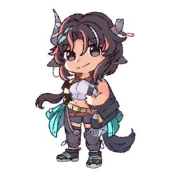 Rule 34 | 1girl, arknights, aru (aruaruarisa), bare shoulders, black eyes, black footwear, black hair, chaps, chibi, commentary, crop top, full body, grey shorts, horns, infection monitor (arknights), long hair, looking at viewer, midriff, navel, shirt, shoes, short shorts, shorts, simple background, sleeveless, sleeveless shirt, smile, solo, standing, stomach, tail, white background, white shirt, wind chimes (arknights)