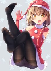 Rule 34 | 1girl, :d, ashida machi, ass, black pantyhose, brown hair, christmas, commentary request, dress, elbow gloves, feet, full body, fur-trimmed dress, fur-trimmed gloves, fur trim, gloves, gurande (g-size), hair between eyes, hair bobbles, hair ornament, hands up, hat, highres, looking at viewer, no shoes, one side up, open mouth, original, panties, panties under pantyhose, pantyhose, pink panties, red dress, red gloves, red hat, santa costume, santa gloves, santa hat, sitting, smile, snowflakes, soles, solo, thighband pantyhose, toes, underwear, yellow eyes