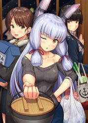 Rule 34 | 3girls, bag, bare shoulders, black hair, blue coat, blue pants, blunt bangs, blush, breasts, brown coat, brown eyes, brown hair, cabbage, coat, collarbone, dress, food, fur-trimmed coat, fur trim, giving, hair ribbon, hand on own hip, hatsuyuki (kancolle), headgear, highres, hime cut, holding, holding bag, ichikawa feesu, indoors, isonami (kancolle), kantai collection, long hair, looking at viewer, meat, medium breasts, multiple girls, murakumo (kancolle), off shoulder, one eye closed, open mouth, pants, plaid, plaid scarf, pot, ribbon, scarf, shopping bag, sidelocks, silver hair, snow on head, snowing, spring onion, sweater, tress ribbon
