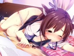Rule 34 | 1girl, animal ears, antlers, bed, bell, blush, breasts, brown hair, buriki, horns, mouth hold, nipples, one eye closed, open clothes, open shirt, panties, panty pull, pussy juice, saliva, shirt, small breasts, solo, tears, underwear, wink
