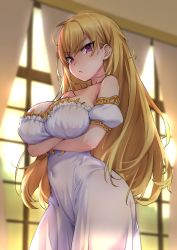 Rule 34 | 1girl, absurdres, arms under breasts, backlighting, bare shoulders, blonde hair, blush, breasts, cleavage, closed mouth, covered navel, crossed arms, dress, frown, highres, large breasts, long hair, looking at viewer, nijisanji, purple eyes, solo, takamiya rion, takamiya rion (2nd costume), try (lsc), virtual youtuber, white dress, window