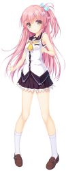 Rule 34 | 1girl, bow, brown eyes, flower, full body, hair bow, hair flower, hair ornament, highres, loafers, long hair, looking at viewer, mikagami mamizu, one side up, pink hair, pleated skirt, shoes, skirt, sleeveless, smile, solo, transparent background, white legwear