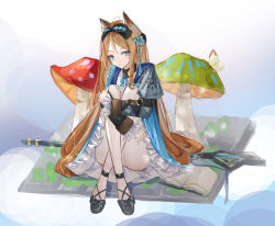 Rule 34 | 0 (znanimo), 1girl, animal ears, arknights, black collar, black legwear, blue dress, blue eyes, blue flower, blue ribbon, bow, brown hair, bug, butterfly, cat ears, collar, commentary, dress, flower, hair bow, hair flower, hair ornament, hand fan, highres, holding, holding fan, insect, iris (arknights), knees up, long hair, looking at viewer, mushroom, neck ribbon, no panties, ribbon, solo, symbol-only commentary, v-shaped eyebrows, very long hair
