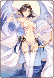 Rule 34 | 1girl, armlet, artist request, bare shoulders, black hair, blue eyes, blue gemstone, blue ribbon, border, bow (weapon), breasts, bridal gauntlets, cape, center opening, chain, choker, cleavage, collarbone, crown, elona, elona mobile, feathered wings, feet out of frame, gem, grass, hagoromo, hair flaps, hair over one eye, hand up, holding, holding bow (weapon), holding weapon, leotard, looking at viewer, lowres, lulwy of wind, navel, official art, one eye covered, revealing clothes, ribbon, see-through, shawl, short hair, smile, solo, stairs, standing, strapless, strapless leotard, thigh gap, thighhighs, waist cape, weapon, white cape, white thighhighs, wings