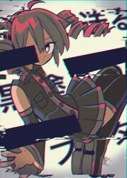 Rule 34 | 1girl, ahoge, black footwear, black shirt, black skirt, boots, chromatic aberration, closed mouth, collared shirt, commentary, detached sleeves, drill hair, expressionless, floating, floating hair, from side, full body, glitch, kasane teto, knees up, kuronuri sekai ate shokan (utau), looking at viewer, looking to the side, lyrics, one eye covered, open mouth, pleated skirt, red hair, redaction, shirt, short hair, signature, skirt, sleeveless, sleeveless shirt, solo, symbol-only commentary, text background, thigh boots, twin drills, utau, white background, wide sleeves, yuusuke-kun