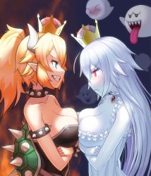 Rule 34 | (tat), 2girls, bare shoulders, blonde hair, blue eyes, boo (mario), bowsette, breast press, breasts, cleavage, colored skin, crossed arms, dress, fang, fang out, frills, from side, genderswap, genderswap (mtf), ghost, half-closed eyes, highres, horns, looking at another, luigi&#039;s mansion, mario (series), medium breasts, multiple girls, new super mario bros. u deluxe, nintendo, personification, ponytail, princess king boo, red eyes, sharp teeth, sleeveless, smile, spiked shell, strapless, super crown, symmetrical docking, teeth, tongue, upper body, white hair, white skin