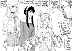 Rule 34 | 1boy, 2023, 3girls, absurdres, alternate costume, animal ears, artificial eye, barbell piercing, bb (baalbuddy), bow, bowtie, breasts, chinese zodiac, choker, cleavage, colored sclera, commentary, covered navel, crossover, curvy, cyberpunk (series), cyberpunk edgerunners, cyborg, detached collar, dress, ear piercing, english commentary, english text, facial hair, fake animal ears, fake tail, fishnet pantyhose, fishnets, goatee, greyscale, gyaru, highleg, highleg leotard, highres, industrial piercing, kitagawa marin, leotard, long hair, looking at another, loose necktie, mechanical eye, mechanical hands, medium breasts, monochrome, multiple crossover, multiple girls, necktie, off-shoulder sweater, off shoulder, oversized forearms, oversized limbs, pantyhose, piercing, playboy bunny, rabbit ears, rabbit tail, rebecca (cyberpunk), school uniform, simple background, sono bisque doll wa koi wo suru, spy x family, strapless, strapless leotard, stubble, sweatdrop, sweater, sweater dress, tail, truth, twintails, ugly man, wide hips, year of the rabbit, yor briar