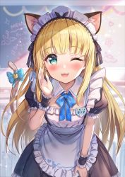 Rule 34 | 1girl, akabane (zebrasmise), animal ears, apron, bent over, blonde hair, blue eyes, blurry, blurry background, blush, cat ears, cat tail, classroom, commentary request, looking at viewer, maid, maid headdress, mononobe alice, nijisanji, one eye closed, ribbon, solo, tail, tail ornament, tail ribbon, virtual youtuber