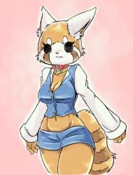 Rule 34 | 1girl, :3, aggressive retsuko, animal ears, black eyes, blank eyes, blue skirt, blue vest, blush, breasts, cleavage, closed mouth, collar, collarbone, cowboy shot, female focus, furry, furry female, groin, happy, highres, large breasts, long sleeves, looking at viewer, microskirt, midriff, miniskirt, navel, nose blush, nousen, outline, panda ears, panda tail, pencil skirt, pink background, retsuko, shirt, simple background, skirt, smile, solo, standing, stomach, tail, thick thighs, thighs, vest, white outline, white shirt