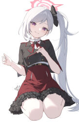 Rule 34 | 1girl, absurdres, black scrunchie, black shirt, blue archive, blush, chiyo akira, closed mouth, frilled skirt, frills, grey hair, hair ornament, hair scrunchie, halo, highres, long hair, mutsuki (blue archive), purple eyes, red halo, red skirt, scrunchie, shirt, short sleeves, side ponytail, signature, simple background, skirt, smile, solo, white background