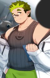 Rule 34 | 1boy, 8miyatoyo, bandaid, bandaid on face, bandaid on nose, bara, bare shoulders, belly, black bandaid, black tank top, facial hair, goatee stubble, grigory (live a hero), hand in pocket, highres, jacket, large pectorals, live a hero, looking at viewer, male focus, multicolored hair, off-shoulder jacket, off shoulder, open clothes, open jacket, pectorals, pointy ears, sanpaku, short hair, sideburns stubble, smile, solo, standing, stubble, tank top, thick eyebrows, two-tone hair