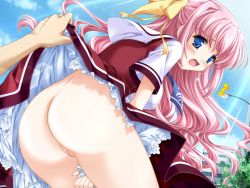 Rule 34 | 1girl, ass, blue eyes, blush, bow, clothes lift, embarrassed, from behind, game cg, hair bow, hatori mahoko, long hair, looking back, male hand, no panties, pink hair, pussy, reconquista, ribbon, school uniform, skirt, skirt lift, tears, uncensored, very long hair