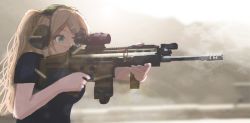 Rule 34 | 1girl, aiming, assault rifle, blonde hair, blurry, blurry background, commentary, fn scar, foregrip, green eyes, gun, headset, highres, holding, holding gun, holding weapon, motion blur, original, ponytail, rifle, scope, side ponytail, solo, weapon, ylmi