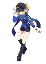Rule 34 | 1girl, ahoge, artoria pendragon (fate), black footwear, black hat, black shorts, blonde hair, blue eyes, blue scarf, blue sweater, boots, cross (crossryou), fate/grand order, fate (series), full body, hair between eyes, hat, knee boots, long hair, long sleeves, mysterious heroine x (fate), open mouth, peaked cap, ponytail, print headwear, scarf, short shorts, shorts, simple background, solo, sweater, white background, wristband