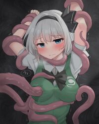 Rule 34 | 1girl, absurdres, black bow, black bowtie, black hairband, blue eyes, blush, bow, bowtie, breasts, closed mouth, collared shirt, commentary request, green vest, grey hair, groping, hairband, highres, hitodama print, konpaku youmu, paid reward available, puffy short sleeves, puffy sleeves, restrained, shirt, short hair, short sleeves, speech bubble, tears, tentacles, touhou, vest, white shirt, youmu-kun