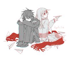 Rule 34 | 1boy, 1girl, anniversary, back-to-back, ghost, greyscale, hair ornament, hairclip, kagerou project, kisaragi shintarou, knees up, long sleeves, looking at viewer, monochrome, paper airplane, pleated skirt, red eyes, red scrunchie, sapphire (nine), school uniform, scrunchie, see-through, serafuku, simple background, sitting, skirt, tateyama ayano