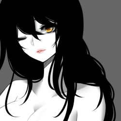 Rule 34 | 1girl, ahri (league of legends), bad id, bad pixiv id, black hair, breasts, cleavage, facial mark, greyscale, hair between eyes, large breasts, league of legends, long hair, monochrome, one eye closed, parted lips, simple background, solo, topless, yellow eyes, yuneeee