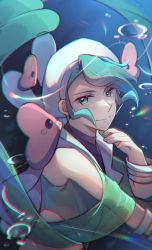 Rule 34 | 1boy, air bubble, bangle, blurry, bracelet, bubble, capelet, chromatic aberration, closed mouth, commentary request, creatures (company), game freak, gen 3 pokemon, green eyes, green hair, hat, highres, jewelry, looking at viewer, looking to the side, luvdisc, male focus, nintendo, pokemon, pokemon (creature), pokemon oras, short hair, smile, underwater, viinca (perivinca), wallace (pokemon), white capelet, white headwear
