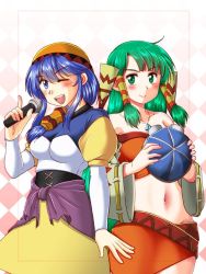 Rule 34 | 2girls, blush, breasts, closed mouth, crossover, feena (grandia), grandia, grandia i, green eyes, green hair, hair tubes, hat, jewelry, long hair, looking at viewer, low-tied long hair, luna noah, lunar: the silver star, midriff, motomiya ryou, multiple girls, navel, necklace, simple background, skirt, smile, white background, wide sleeves