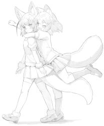 Rule 34 | &gt;;d, 10s, 2girls, ;d, alternate footwear, animal ears, arm up, arms at sides, blush, clenched hand, common raccoon (kemono friends), eyelashes, fennec (kemono friends), fox ears, full body, fur trim, gloves, greyscale, hug, hug from behind, katagishi, kemono friends, kneehighs, leg lift, looking at viewer, mary janes, monochrome, multicolored hair, multiple girls, neck ribbon, o3o, one eye closed, open mouth, pleated skirt, puckered lips, puffy short sleeves, puffy sleeves, raccoon ears, raccoon tail, ribbon, shadow, shirt, shoes, short-sleeved sweater, short hair, short sleeves, simple background, skirt, smile, socks, sweater, tail, tareme, thighhighs, v-shaped eyebrows, walking, white background, zettai ryouiki