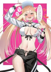 Rule 34 | 1girl, absurdres, arms up, artoria caster (fate), artoria caster (swimsuit) (fate), artoria caster (swimsuit) (first ascension) (fate), artoria pendragon (fate), asymmetrical clothes, asymmetrical legwear, asymmetrical pants, baseball cap, bikini, bikini under clothes, black pants, blonde hair, blush, border, bracelet, breasts, breath, clothes pull, cowboy shot, cropped jacket, dot nose, dutch angle, fate/grand order, fate (series), female focus, furrowed brow, green eyes, hair spread out, half-closed eyes, hand on headwear, hat, head tilt, heart, highleg, highleg bikini, highres, jacket, jewelry, kawaruhi, legs together, long hair, long sleeves, looking at viewer, lowleg, lowleg shorts, mature female, medium breasts, midriff, navel, nipple slip, nipples, nose blush, open mouth, open pants, outside border, pants, partially unzipped, pink background, presenting, pulled by self, ribbon, shorts, shrug (clothing), single bare leg, single pantsleg, skindentation, smile, solo, speech bubble, standing, steam, striped clothes, striped jacket, striped ribbon, sweat, swimsuit, teeth, thigh gap, translation request, twintails, two-tone background, upper teeth only, white bikini, white border, white hat, white jacket, white wristband