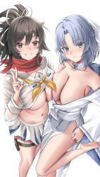 Rule 34 | 2girls, absurdres, asuka (senran kagura), azur lane, bare shoulders, black hair, blue eyes, blue hair, breast press, breasts, brown hair, buko (bukosuki), cleavage, feet out of frame, from above, highres, japanese clothes, kimono, large breasts, leg up, long hair, long sleeves, looking at viewer, looking up, multiple girls, red scarf, scarf, senran kagura, side slit, simple background, smile, standing, standing on one leg, symmetrical docking, underboob, v, white background, white kimono, wide sleeves, yumi (senran kagura)