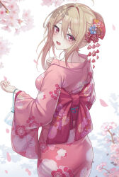 absurdres ahoge angelica_rapha_redgrave ass blonde_hair breasts cherry_blossoms from_behind hair_bun hair_intakes highres japanese_clothes kimono natsugou_shinogi otome_game_sekai_wa_mob_ni_kibishii_sekai_desu red_eyes single_hair_bun yukata