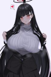 Rule 34 | 1girl, absurdres, black hair, black jacket, black skirt, blue archive, blunt bangs, blush, breasts, cowboy shot, grey sweater, halo, head tilt, heart, highres, huge breasts, impossible clothes, impossible sweater, jacket, long hair, long sleeves, looking at viewer, mikkom, open clothes, open jacket, parted lips, rio (blue archive), simple background, skirt, smile, solo, speech bubble, spoken heart, steaming body, sweater, very long hair, white background