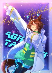 Rule 34 | 1girl, absurdres, agnes tachyon (umamusume), ahoge, animal ears, brown hair, character name, commentary request, earrings, gaman, green shirt, hair between eyes, hair ornament, hairband, happy birthday, highres, horse ears, horse girl, horse tail, jacket, jewelry, long sleeves, looking at viewer, official alternate costume, open clothes, open jacket, open mouth, pantyhose, planet hair ornament, red eyes, shirt, short hair, single earring, sleeves past fingers, sleeves past wrists, smile, solo, star (symbol), starry background, tail, uma stars (umamusume), umamusume, upper body, white hairband, white jacket