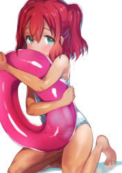 Rule 34 | 10s, 1girl, aqua eyes, bad id, bad pixiv id, bare legs, barefoot, blush, covering own mouth, hair between eyes, hashimoto mari, highres, hugging object, innertube, kneeling, kurosawa ruby, looking at viewer, love live!, love live! sunshine!!, one-piece swimsuit, red hair, simple background, solo, swim ring, swimsuit, two side up, white background, white one-piece swimsuit