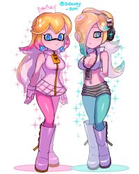 Rule 34 | 2girls, blue eyes, bowsey0wo, cosplay, eyeshadow, gloves, highres, inkling (cosplay), inkling player character, looking at viewer, makeup, marina (splatoon), marina (splatoon) (cosplay), mario (series), midriff, multiple girls, nintendo, pearl (splatoon), pearl (splatoon) (cosplay), princess peach, rosalina, splatoon (series), splatoon 2, super mario bros. 1, super mario galaxy