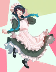 Rule 34 | 1boy, absurdres, alternate costume, androgynous, apron, black footwear, black hair, blue hair, blush, braid, commentary, dress, english commentary, enmaided, frilled skirt, frills, genshin impact, gradient hair, green eyes, highres, huge filesize, long sleeves, looking at viewer, maid, maid apron, maid headdress, male focus, mary janes, multicolored hair, open mouth, pantyhose, puffy sleeves, raneblu, shoes, short hair with long locks, simple background, skirt, smile, socks, solo, twin braids, venti (genshin impact), victorian maid, white socks