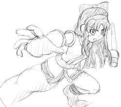 Rule 34 | 1girl, ainu clothes, breasts, fighting stance, fingerless gloves, gloves, hair ribbon, long hair, looking at viewer, monochrome, nakoruru, ribbon, samurai spirits, small breasts, snk, solo, the king of fighters, traditional media