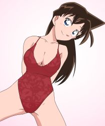 Rule 34 | 1girl, arms behind back, blue eyes, blush, breasts, brown hair, cleavage, collarbone, cowboy shot, female focus, gradient background, head tilt, legs apart, looking at viewer, medium breasts, meitantei conan, mouri ran, one-piece swimsuit, pink background, pointy hair, poron (pixiv id 17549041), print one-piece swimsuit, red one-piece swimsuit, simple background, smile, solo, swimsuit, white background