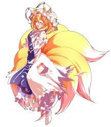 Rule 34 | 1girl, alphes (style), animal ears, beaten, blonde hair, dairi, dress, fox ears, fox tail, full body, hat, highres, mob cap, multiple tails, parody, short hair, solo, style parody, tabard, tail, tears, torn clothes, torn dress, torn hat, touhou, transparent background, yakumo ran