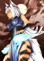 Rule 34 | 1girl, animal ears, bad id, bad pixiv id, bare shoulders, bridal gauntlets, fire, fire, fox ears, fox tail, from below, fuda tsunemaru, full moon, impossible clothes, japanese clothes, long hair, moon, night, nosuku, original, side slit, solo, tail, white hair, yellow eyes