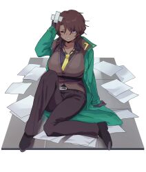 Rule 34 | 1girl, black footwear, black gloves, black shirt, breasts, brown hair, brown pants, brown vest, clenched teeth, coat, collared shirt, dark-skinned female, dark skin, genderswap, genderswap (mtf), gloves, green coat, hand up, heathcliff (project moon), highres, huge breasts, limbus company, necktie, ngancurindunia, one eye closed, pants, project moon, shirt, shoes, simple background, solo, tears, teeth, vest, white background, yellow necktie