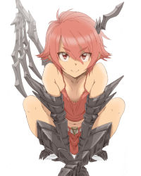 Rule 34 | 1girl, armor, blouse, breasts, demon girl, eyes visible through hair, gauntlets, greaves, hair between eyes, highres, looking at viewer, mechanical pencil, miniskirt, original, pencil, plus step, red eyes, red hair, red shirt, shirt, simple background, sitting, skirt, small breasts, smile, solo, white background